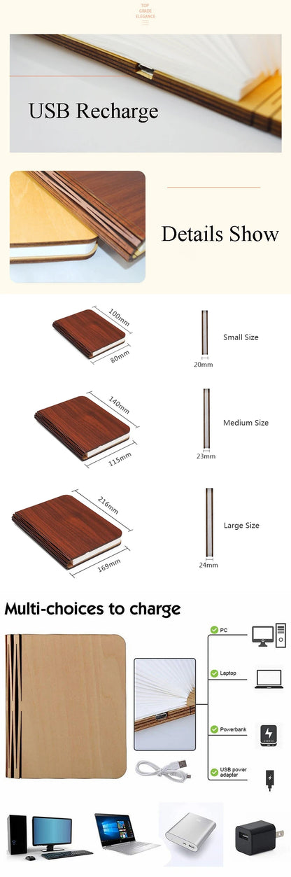 LED Foldable Book Light Creative Wooden Luminous Book for Children Kids’Birthday Holiday Christmas Gift Rechargeable Night Lamp
