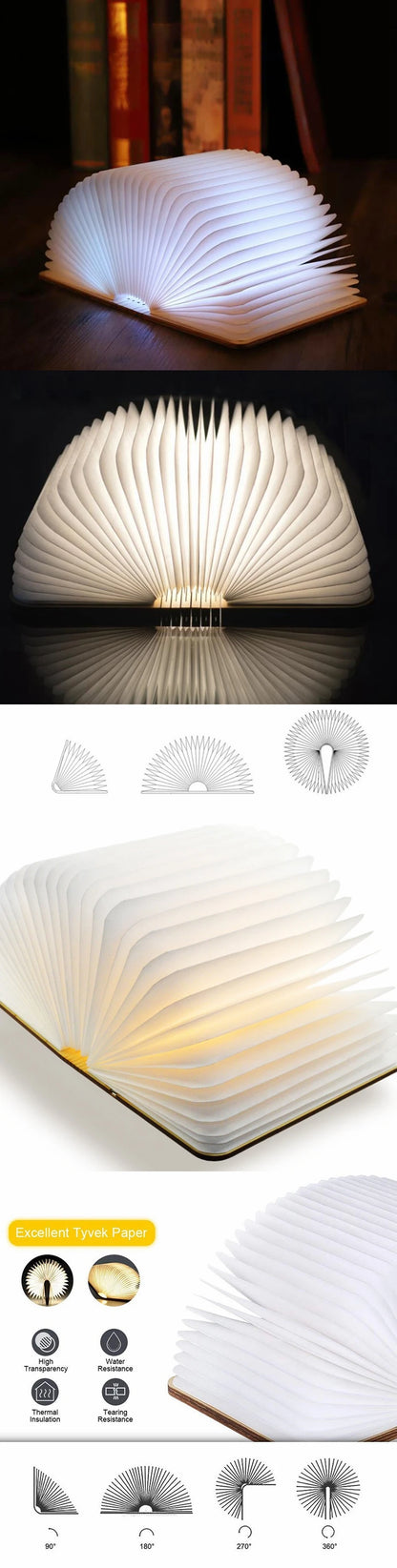 LED Foldable Book Light Creative Wooden Luminous Book for Children Kids’Birthday Holiday Christmas Gift Rechargeable Night Lamp