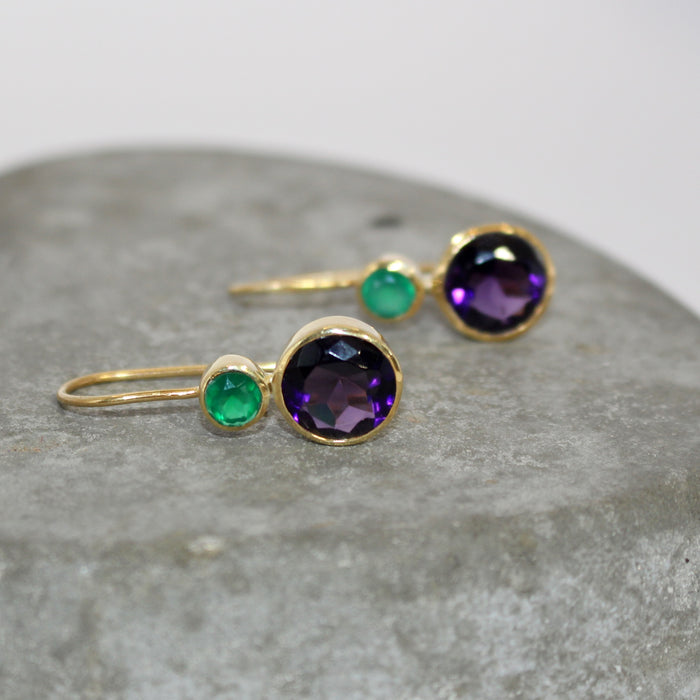 Amethyst and green onyx Gold plated sterling silver earrings