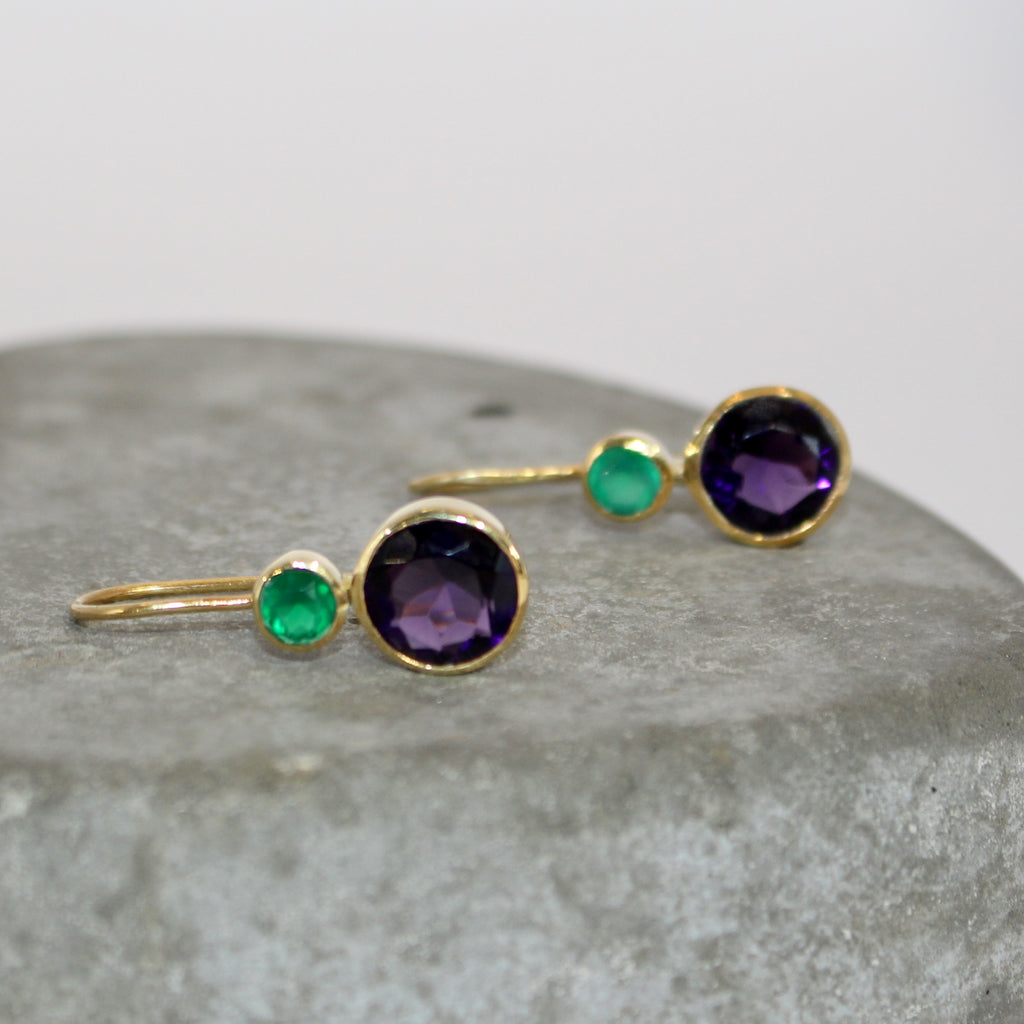 Amethyst and green onyx Gold plated sterling silver earrings