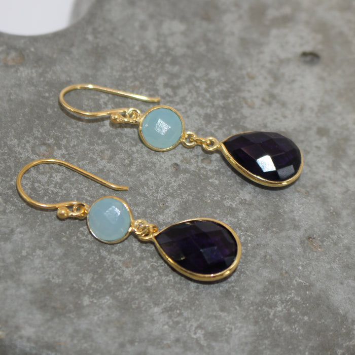 Amethyst and aqua chalcedony sterling silver drop earring gold plated