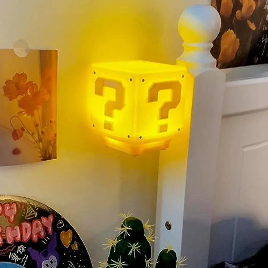 Super Bros Question Block Lamp, Square LED Night Light with USB Cable, Table Lamp with Play Game Coin Sound Effect, Bedside Lamp