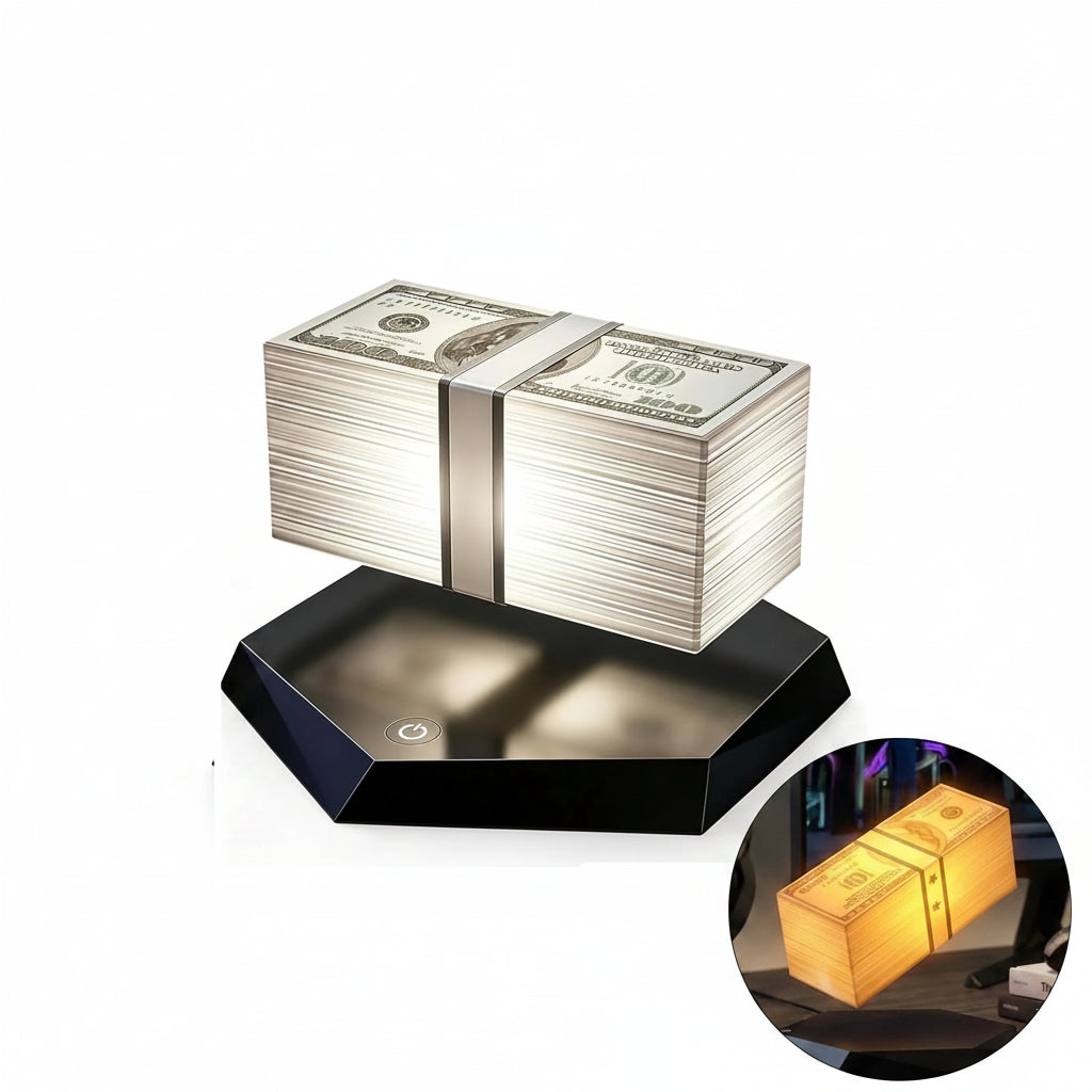 Stack of money levitating above a black base with a small inset image of gold bars.