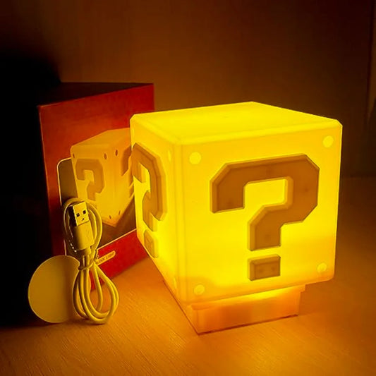 Super Bros Question Block Lamp, Square LED Night Light with USB Cable, Table Lamp with Play Game Coin Sound Effect, Bedside Lam
