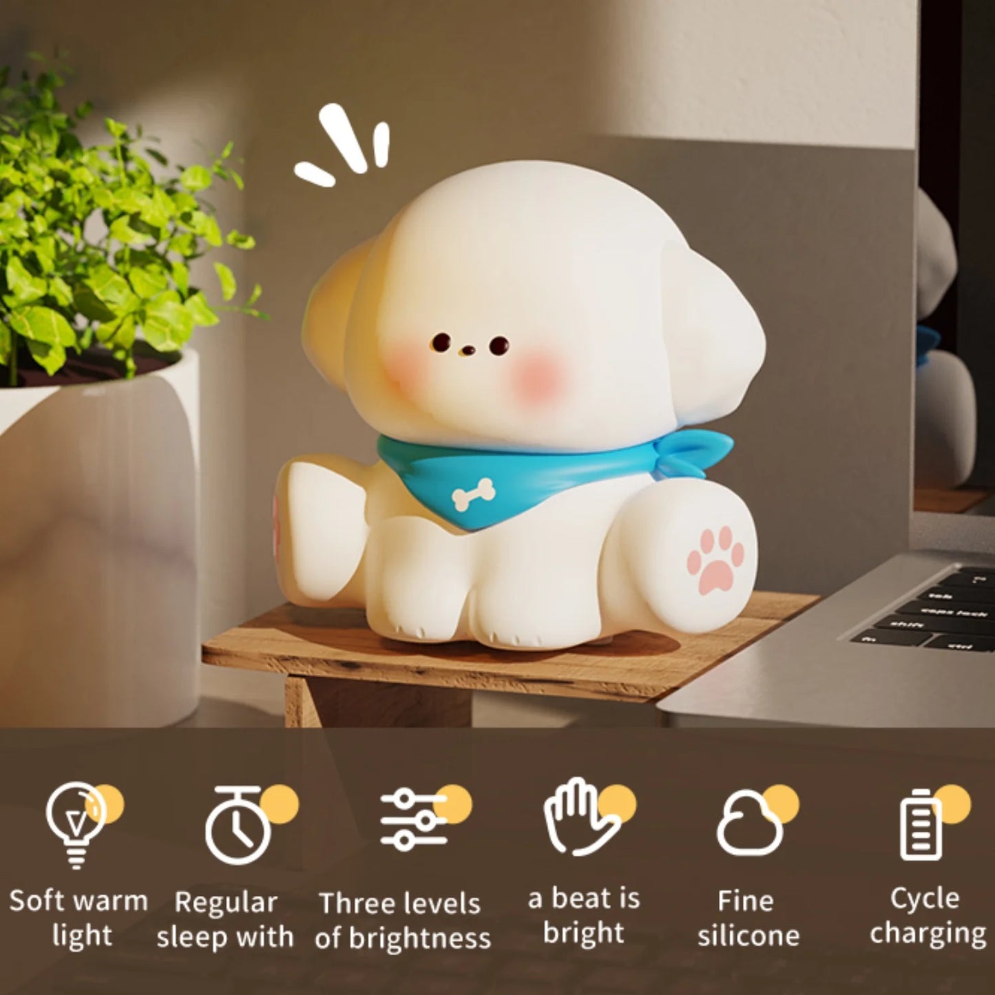 Cartoon Puppy Shaped Silicone Night Lamp, USB Charging Soft Glow Nightlight, Portable Touch Control Dog LED Light, Indoor Room D